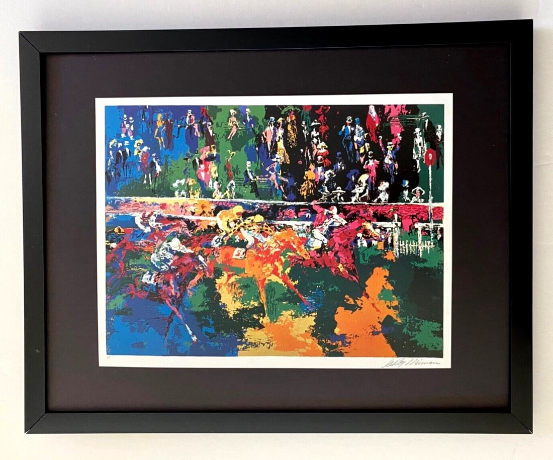 LeRoy Neiman " Horse Racing " Signed Pop Art Mounted and Framed: Beautiful and Scarce Original 1991 Print After Leroy Neiman " Horse Racing" Signed on the Plate This piece is mounted on a 11 x 14 in. black acid free premium black board. Framed covers an area of