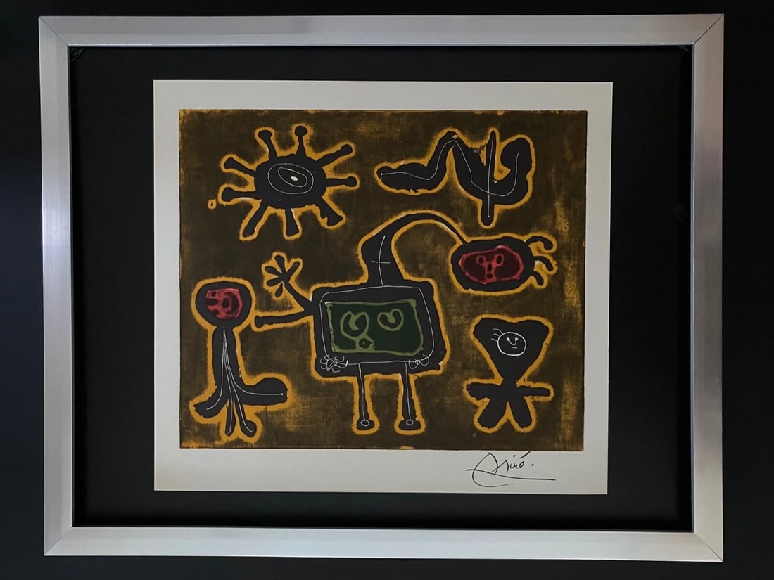 Joan Miro | Vintage 1958 Signed Colorful Print | Mounted and Framed Buy Now: Up for Auction this Beautiful and Scarce Vintage 1958 Print JOAN MIRO Facsimile Signature in ink. Art Print is about 10 X 9 in. This piece is Mounted and Framed covering an area of 15 x 12 in. This is