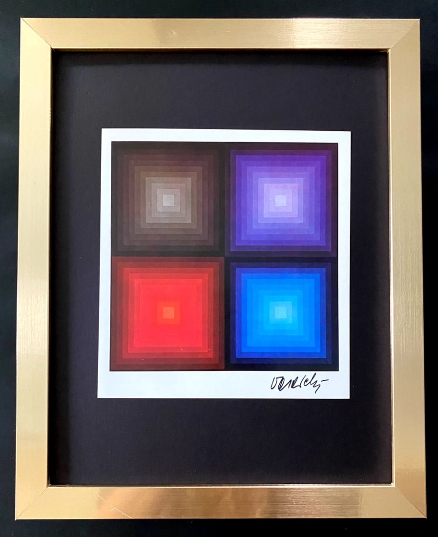 VICTOR VASARELY PRINT FROM 1970 + SIGNED GEOMETRIC ABSTRACT +NEW FRAME 14x11in!: We have for Sale this 1970's PRINT AFTER VICTOR VASARELY FACSIMILE SIGNED IN INK FRAME COVERS AN AREA OF 16 X 13 in PRINT IS MOUNTED OVER A BLACK BOARD FRAMED IN BRAND NEW GOLD FRAME EXCELLENT