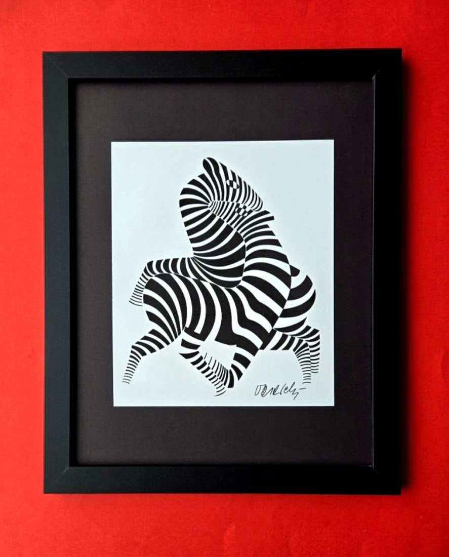 VICTOR VASARELY PRINT FROM 1970 + SIGNED ZEBRAS ABSTRACT w NEW FRAME: We have for Sale this 1970's PRINT AFTER VICTOR VASARELY FACSIMILE SIGNED IN INK FRAME COVERS AN AREA OF 16 X 13 in PRINT IS MOUNTED OVER A BLACK BOARD FRAMED IN BRAND NEW BLACK FRAME EXCELLENT CONDIT