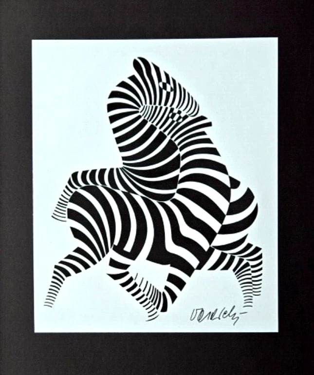 VICTOR VASARELY PRINT FROM 1970 + SIGNED ZEBRAS ABSTRACT w NEW FRAME - 2