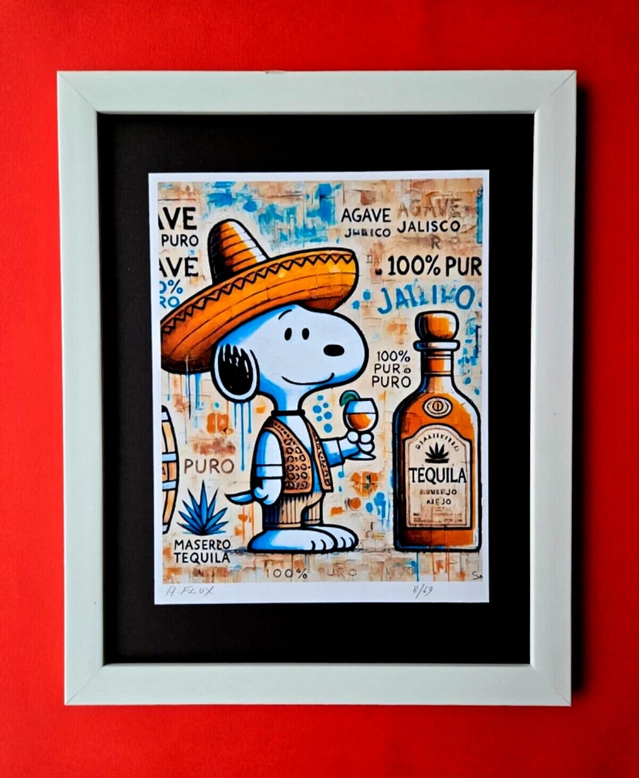AIDAN FLUX | Hand Signed Highly Collectable Print X/69 SNOOPY LOVES TEQUILA COA: This is a one-of-a-kind Hand Signed Authentic Giclee by AIDAN FLUX. From his Series " Where is Snoopy " Aidan Flux has become one of the most important Snoopy cartoonists of the 21st century. The prin