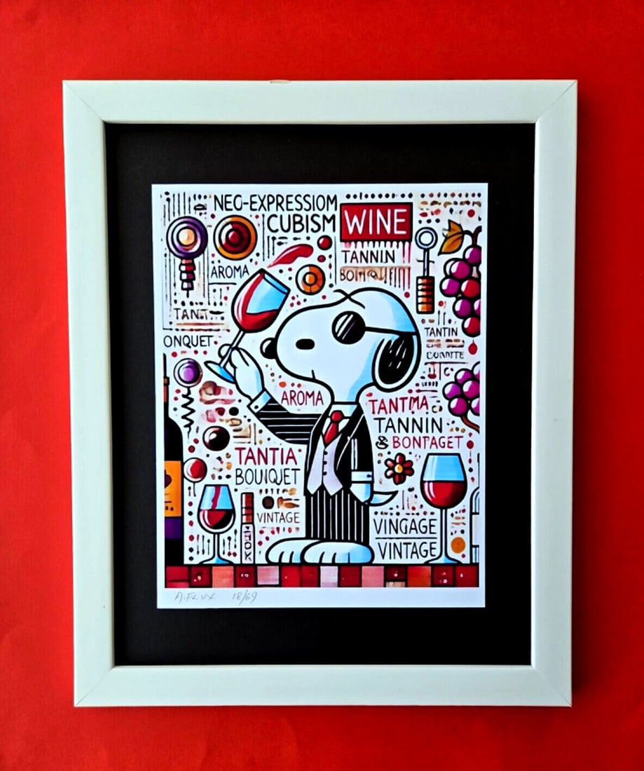 AIDAN FLUX | Hand Signed Authentic Print Framed SNOOPY IS A WINE SOMMELIER COA: This is a one-of-a-kind Hand Signed Authentic Giclee by AIDAN FLUX. From his Series "American Icons" The print is 10x8in., measuring framed 16 inches in height and 12 inches in width, it comes