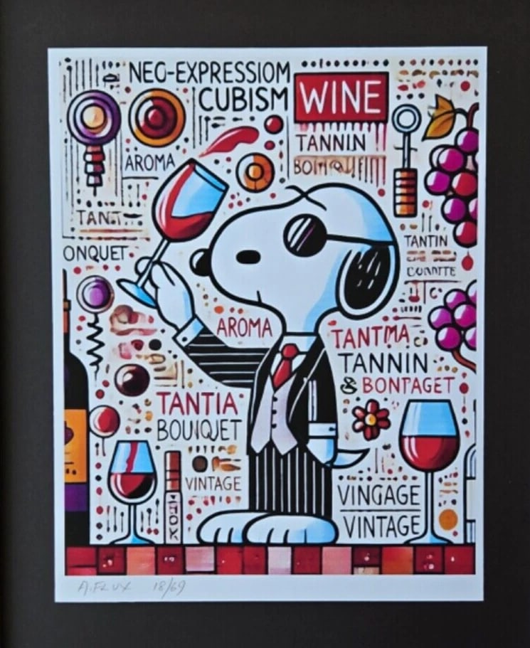 AIDAN FLUX | Hand Signed Authentic Print Framed SNOOPY IS A WINE SOMMELIER COA - 3