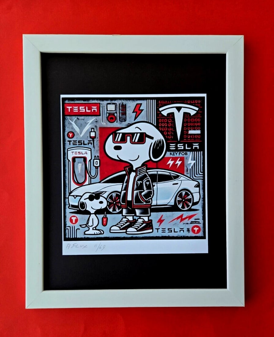 AIDAN FLUX | Hand Signed Authentic Print Framed SNOOPY DRIVES A TESLA CAR COA: This is a one-of-a-kind Hand Signed Authentic Giclee by AIDAN FLUX. From his Series "American Icons" The print is 8x8in., measuring framed 16 inches in height and 12 inches in width, it comes framed w
