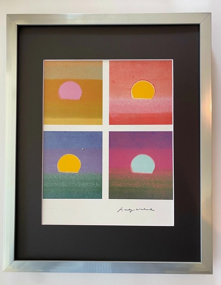ANDY WARHOL | 4 "SUNRISE" SIGNED VINTAGE PRINT MATTED AND FRAMED$: ANDY WARHOL 4 SUNRISE 1980'S VINTAGE PRINT SIGNED IN INK HIGH QUALITY BOOK PLATE VERY GOOD CONDITION WITH EXPECTED HANDLING, CREASING AND TONING FOR A VINTAGE PRINT OF 1980'S MATTED AND FRAMED