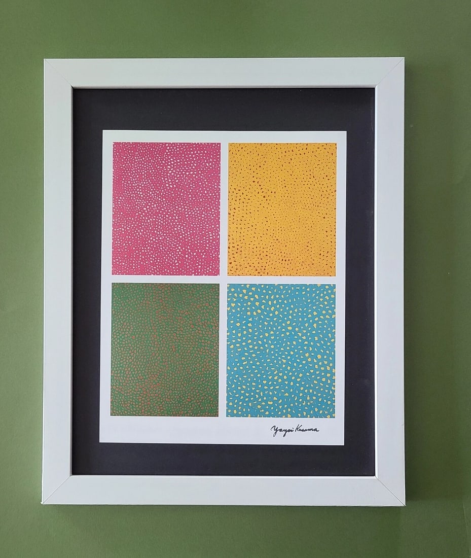 Yayoi Kusama | 1990's Artistic Pop Art Print Signed | Mounted and Framed |: Up for Sale this Beautiful and Scarce Vintage Offset Lithograph After Yayoi Kusama Facsimile Signed in Ink. This piece is mounted on a 11 x 14 in. black acid free black board. Framed in White