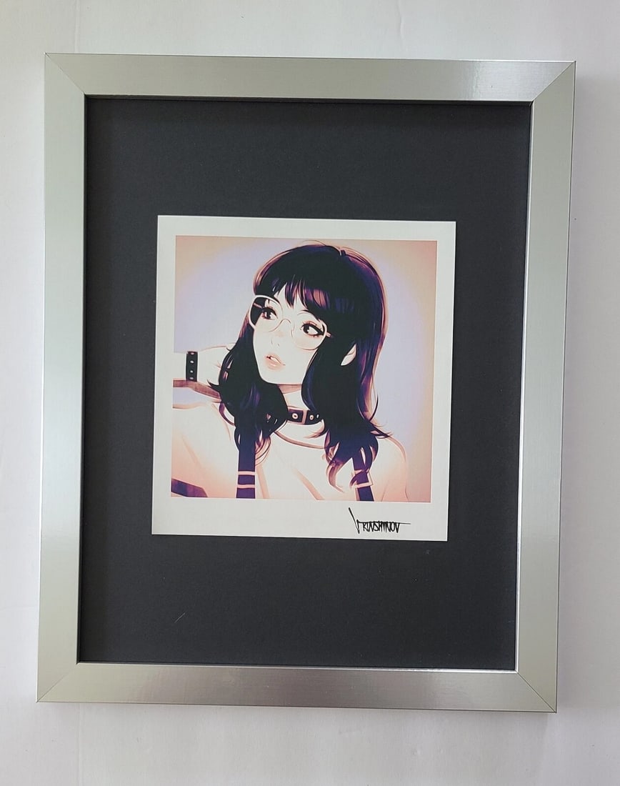 Ilya Kuvshinov | Awesome Comic Anime Signed Print from Tokyo Japan | New Frame: Up for Sale this Stunning Anime Offset Lithograph after Ilya Kuvshinov Facsimile Signed in ink This art print is mounted on a 14 x 11 in. black acid free black board. New Golden Frame covering an