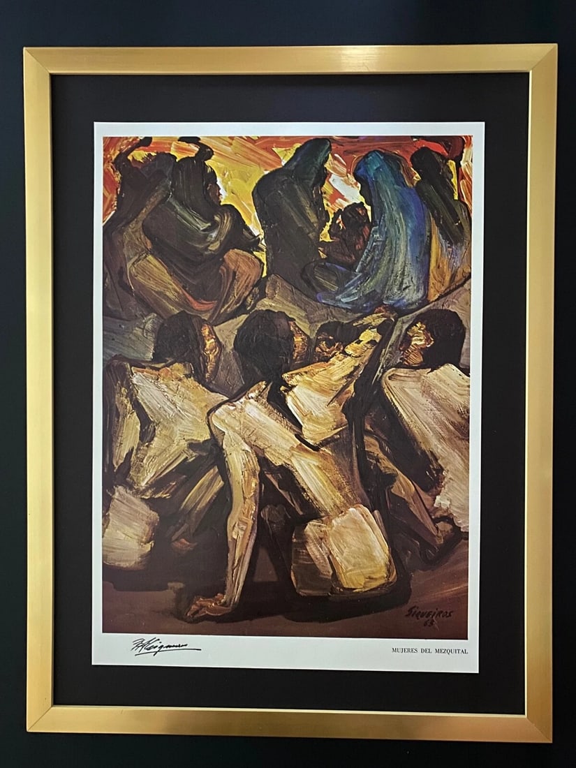 DAVID ALFARO SIQUEIROS | SIGNED LIMITED EDITION FRAMED PRINT FROM MEXICO $: DAVID ALFARO SIQUEIROS "MUJERES DEL MEZQUITAL" 1965 VINTAGE PRINT FACSIMILE SIGNED IN INK ALSO WITH SIGNED IN THE PLATE AND TITLED THIS IS A HIGH QUALITY COLOR PLATE IN GLOSSY PAPER PUBLISHED BY