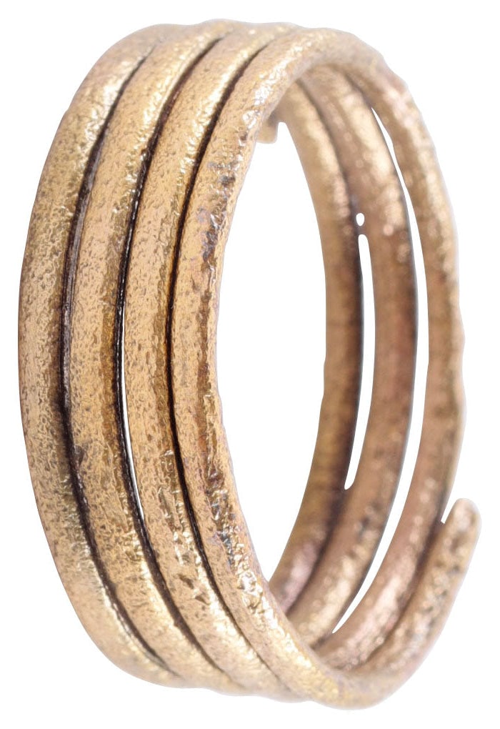 ANCIENT VIKING COIL RING 850-1050 AD, SIZE 11 ½: Size 11 ½, 3 3/4 coils to 6.8mm, over 1/4” width. Circular section helix, of gold over bronze. Made by the lost wax process, coil beads, rings, and other adornments were very popular in Vik