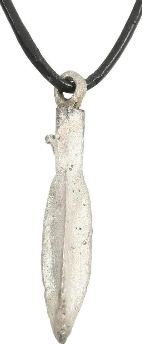 GREEK SOCKETED ARROWHEAD NECKLACE 690-250 B.C: Bronze, 1 5/8” length plus the loop. Trilobate form with faceted socket and broad, triple veins. Professionally refurbished with a silver overlay and mounted on a modern sterling silver chain or