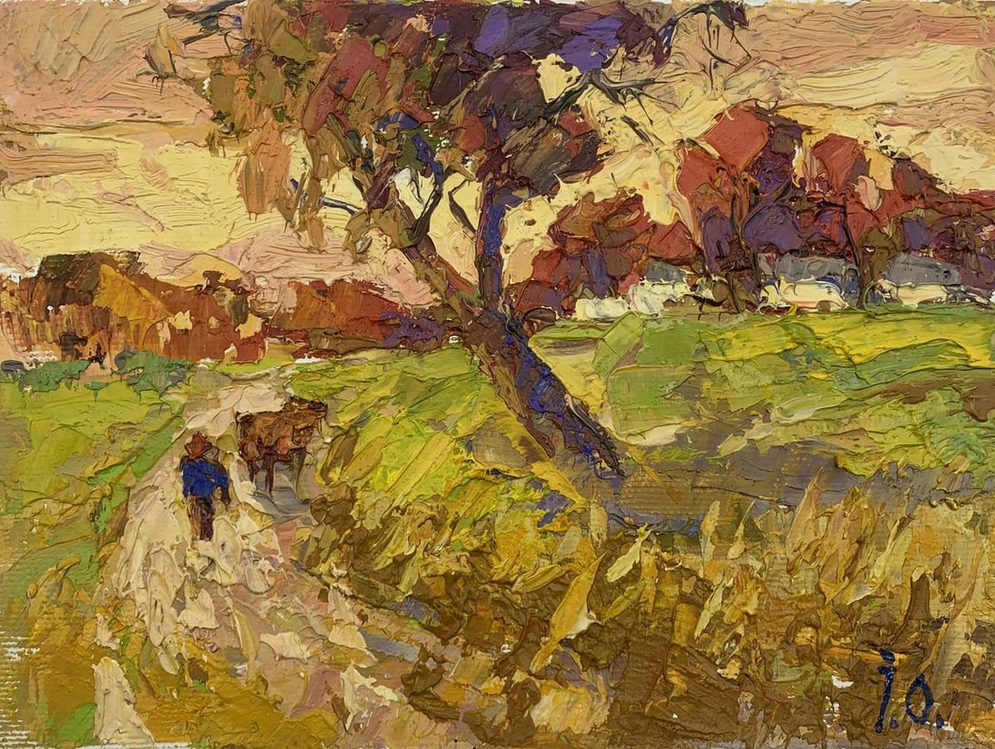 Oil painting Warm evening Kalenyuk Oksana: Title: Oil painting Warm evening Kalenyuk Oksana Description: No.AAA3095The oil painting titled "Warm Evening" depicts a serene rural landscape bathed in the golden hues of the setting sun. The artist