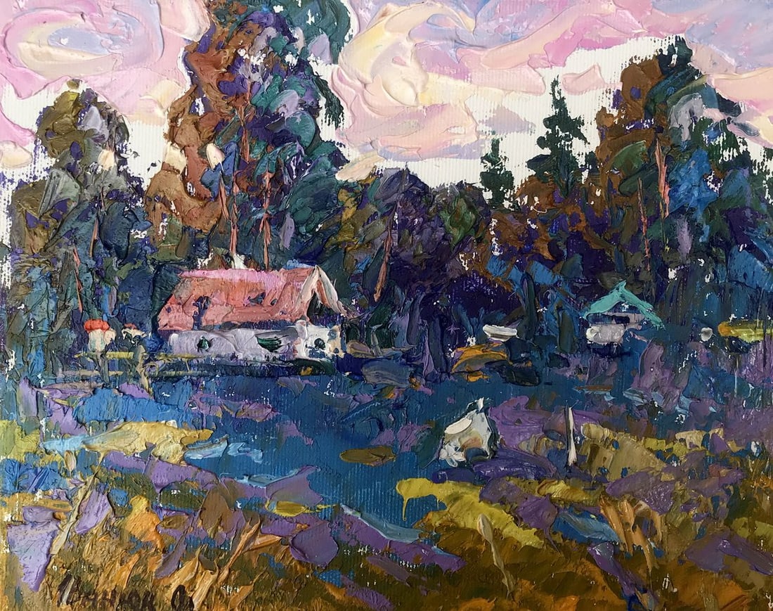 Oil painting A house from the edge Alex Kalenyuk: Title: Oil painting A house from the edge Alex Kalenyuk Description: No.AAA3214The oil painting "A House from the Edge" is a richly textured depiction of a pastoral landscape, showcasing a quaint dwel