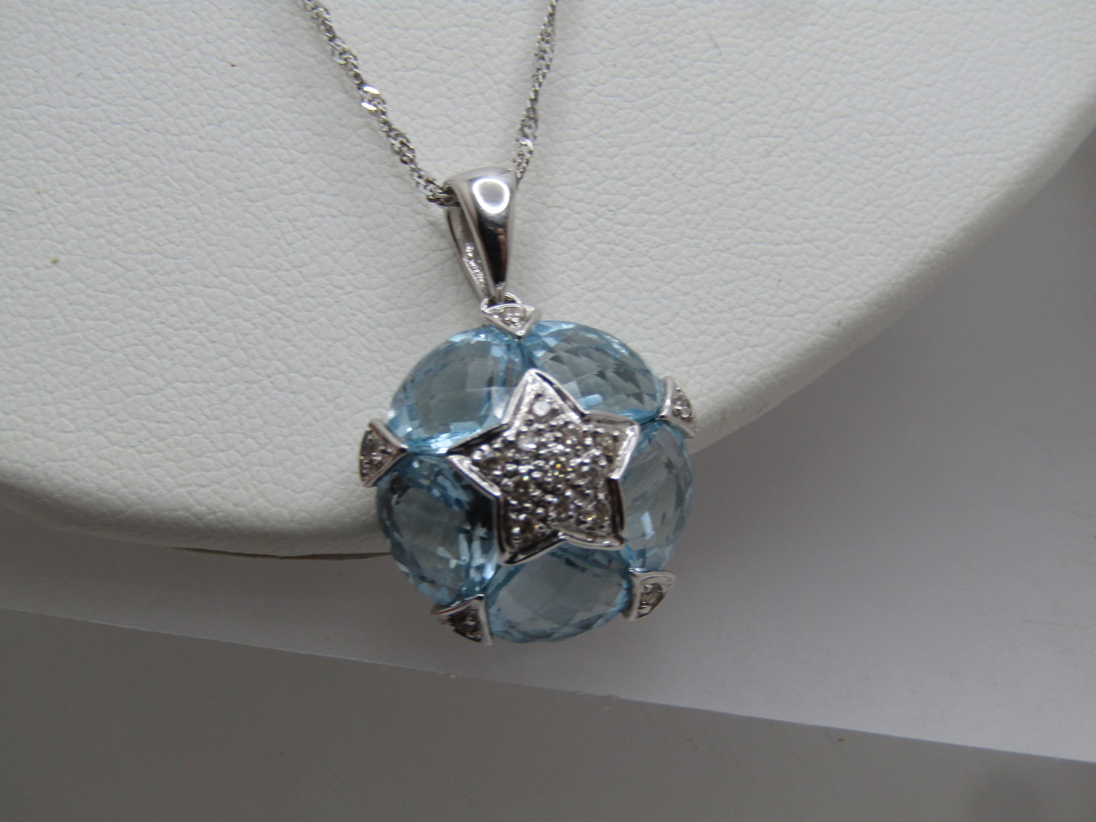 Vintage 14kt Blue Topaz Diamond Star Necklace, 18", 1990's, Signed FB - 2