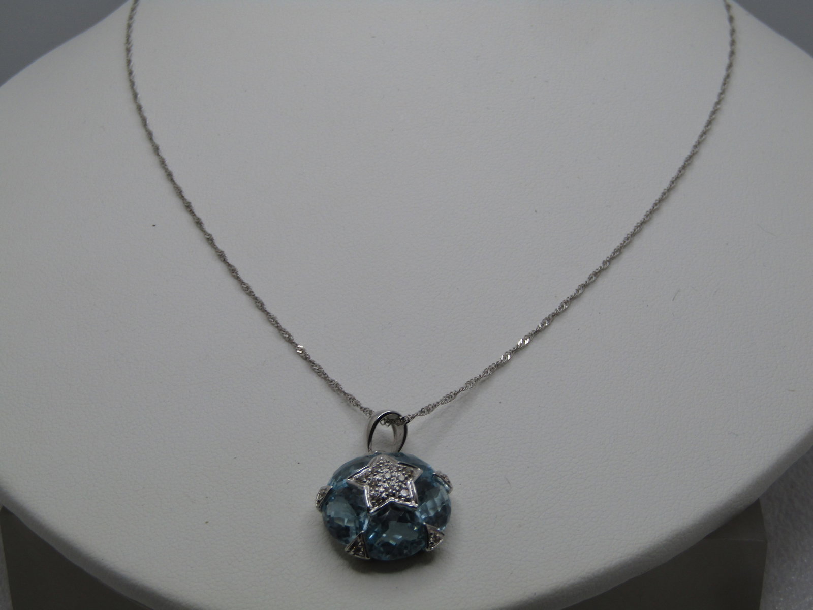 Vintage 14kt Blue Topaz Diamond Star Necklace, 18", 1990's, Signed FB - 4