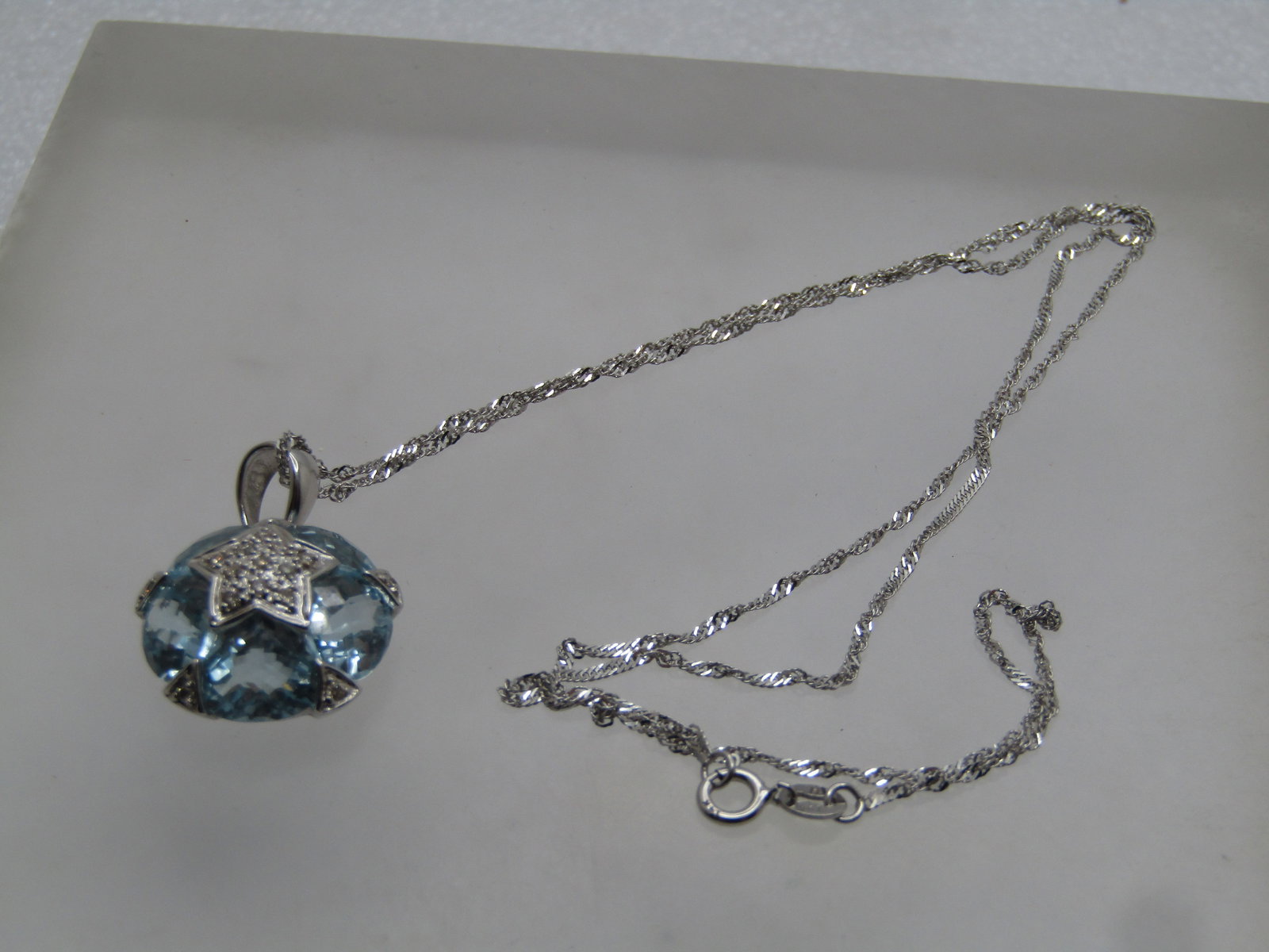 Vintage 14kt Blue Topaz Diamond Star Necklace, 18", 1990's, Signed FB - 6