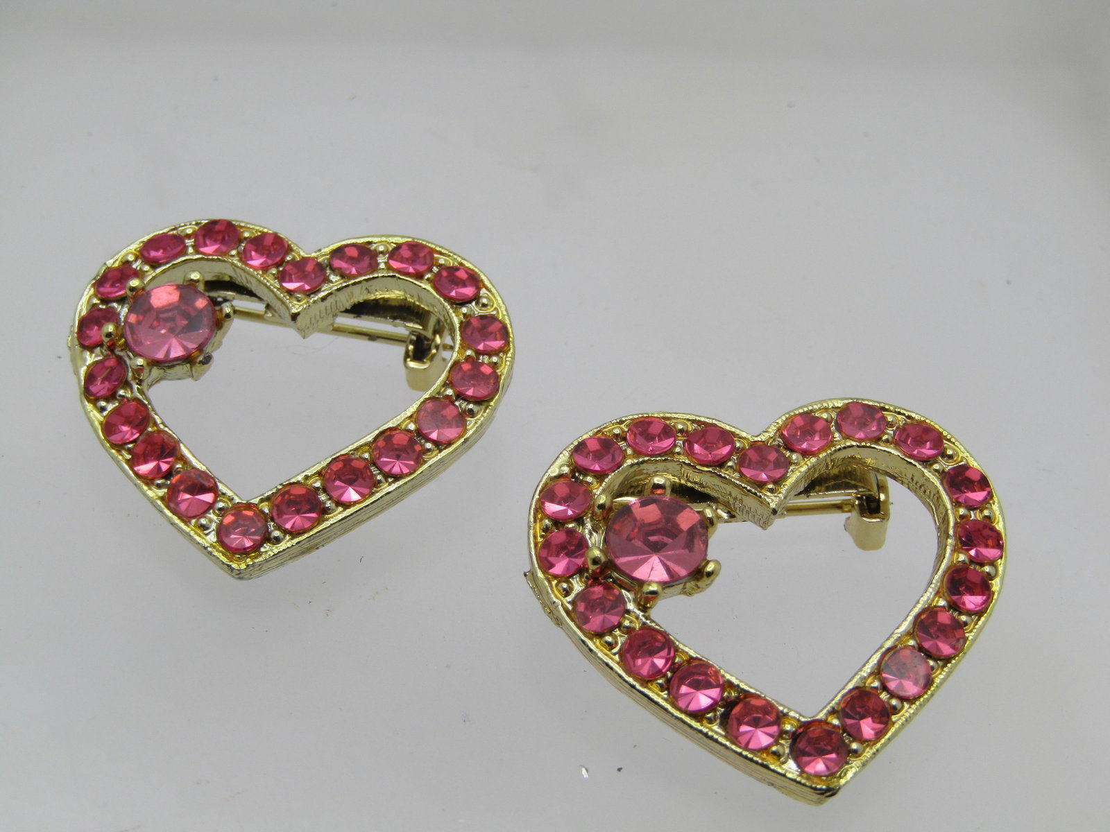 Vintage Two Pink Rhinestone Heart Brooches, 1960's, 1-1/8" by 1" - 2