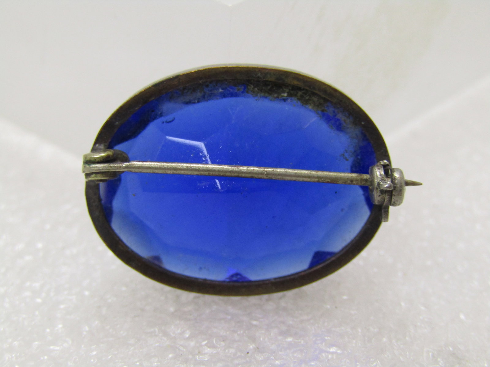 Vintage Brass Blue Glass Brooch, Faceted, 1940's - 4