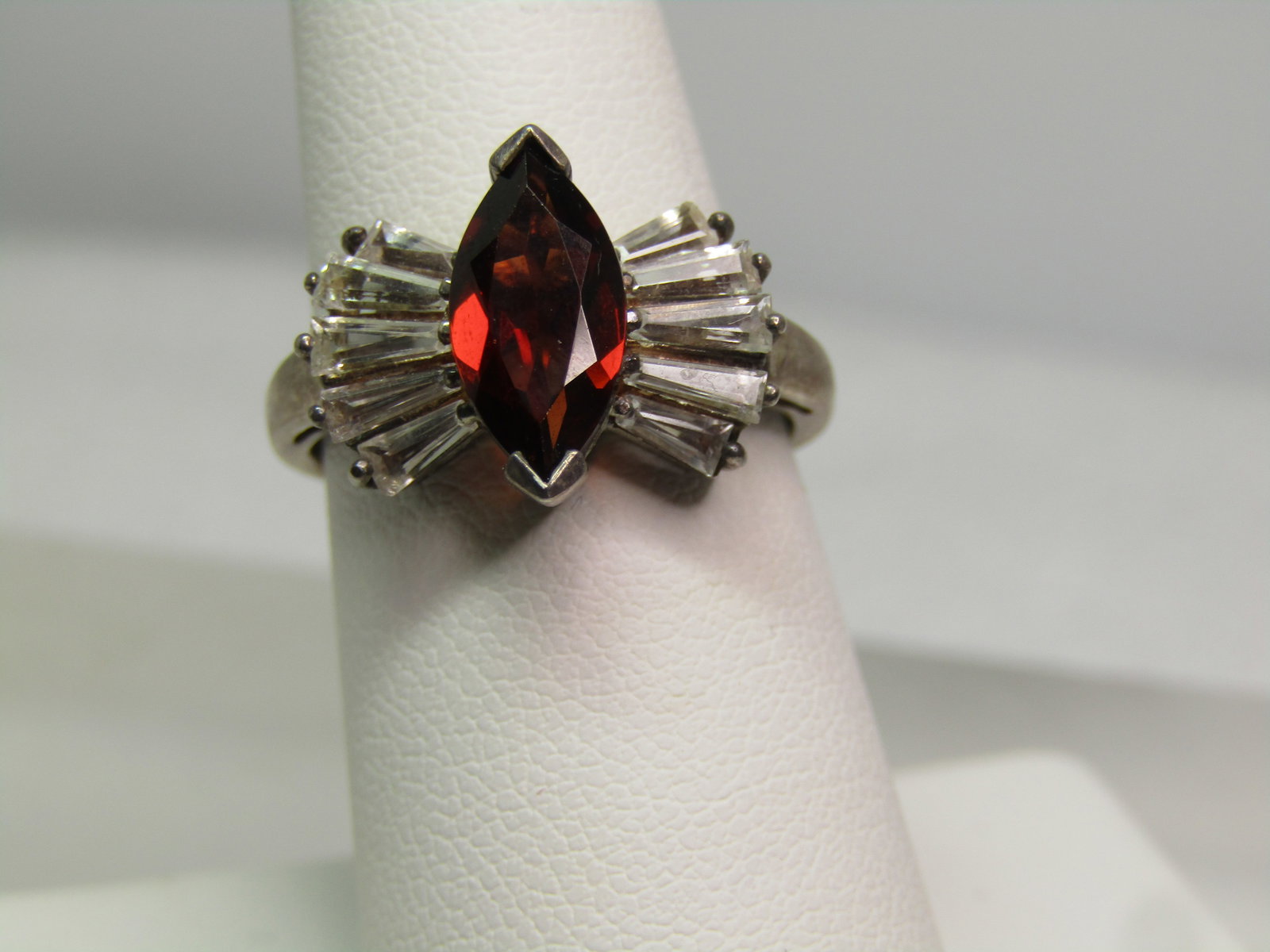 Vintage Sterling Garnet & White Topaz Ring, Sz. 7, 1980's-1990's , Signed - 2