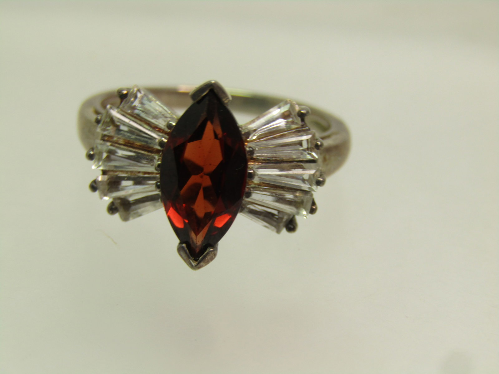 Vintage Sterling Garnet & White Topaz Ring, Sz. 7, 1980's-1990's , Signed - 3