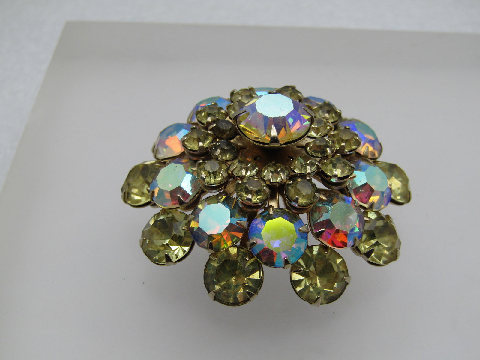 Vintage Yellow Aurora Borealis Rhinestone Brooch, Domed, 1940's, 1.75" - 2