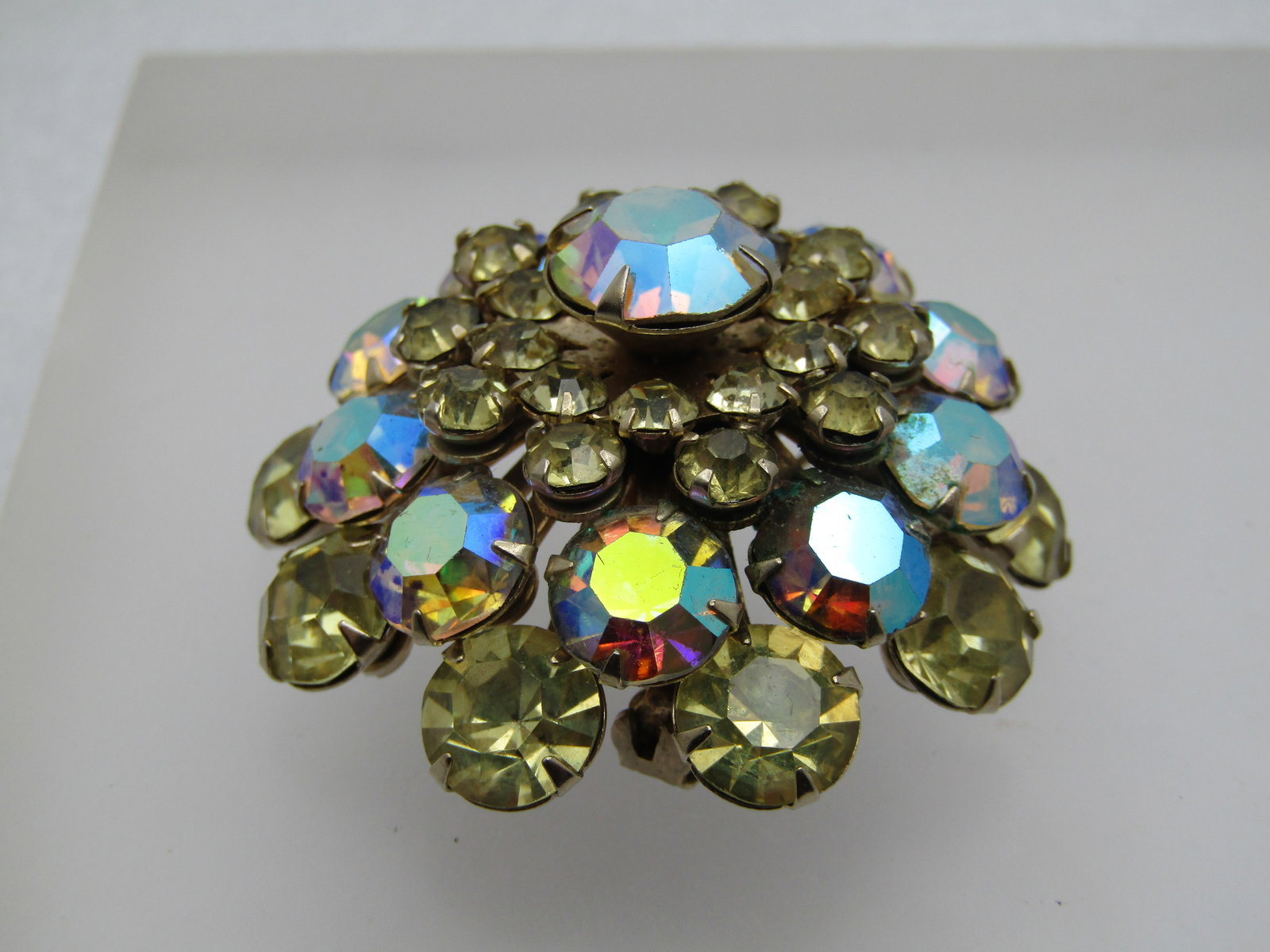 Vintage Yellow Aurora Borealis Rhinestone Brooch, Domed, 1940's, 1.75" - 3