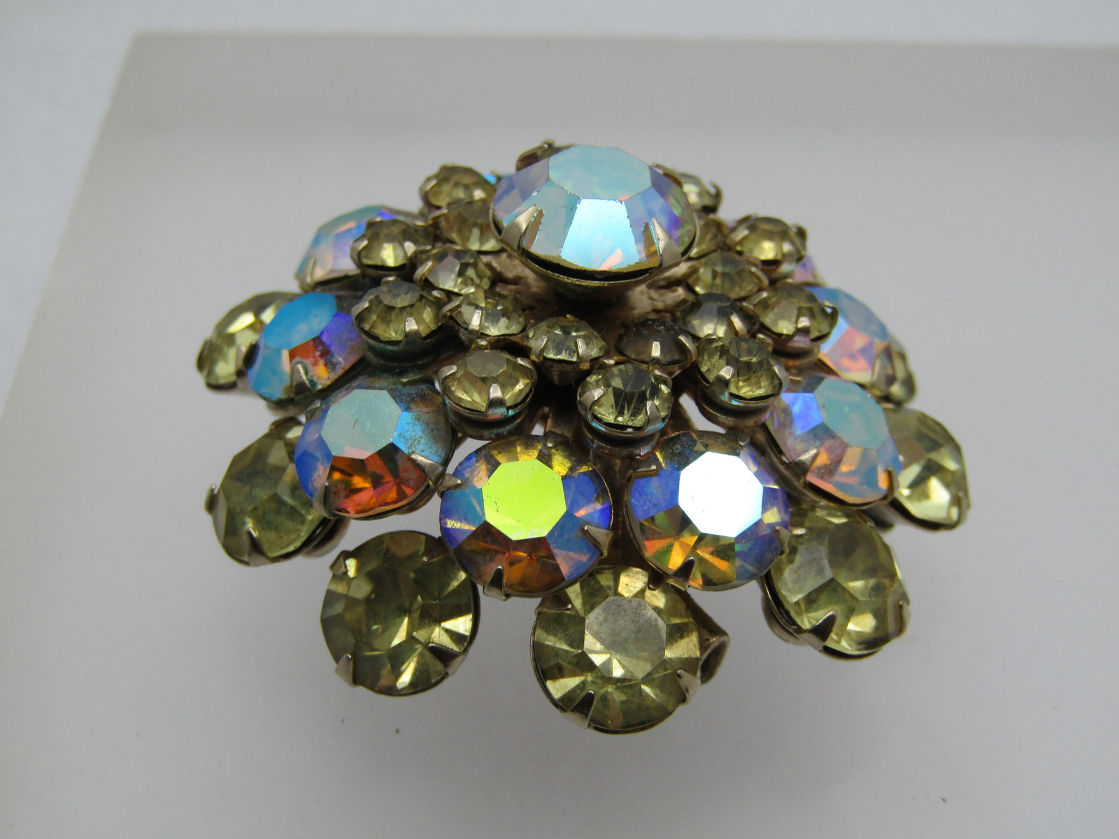 Vintage Yellow Aurora Borealis Rhinestone Brooch, Domed, 1940's, 1.75" - 4