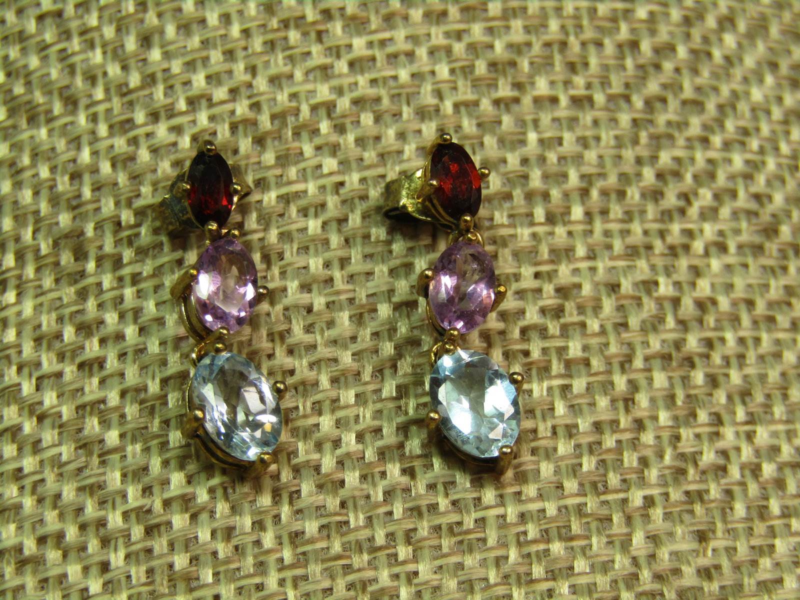 Vintage Sterling Gold Plated Gemstone Earrings, Blue Topaz, Amethyst, Garnet, 1980's-1990's. - 3