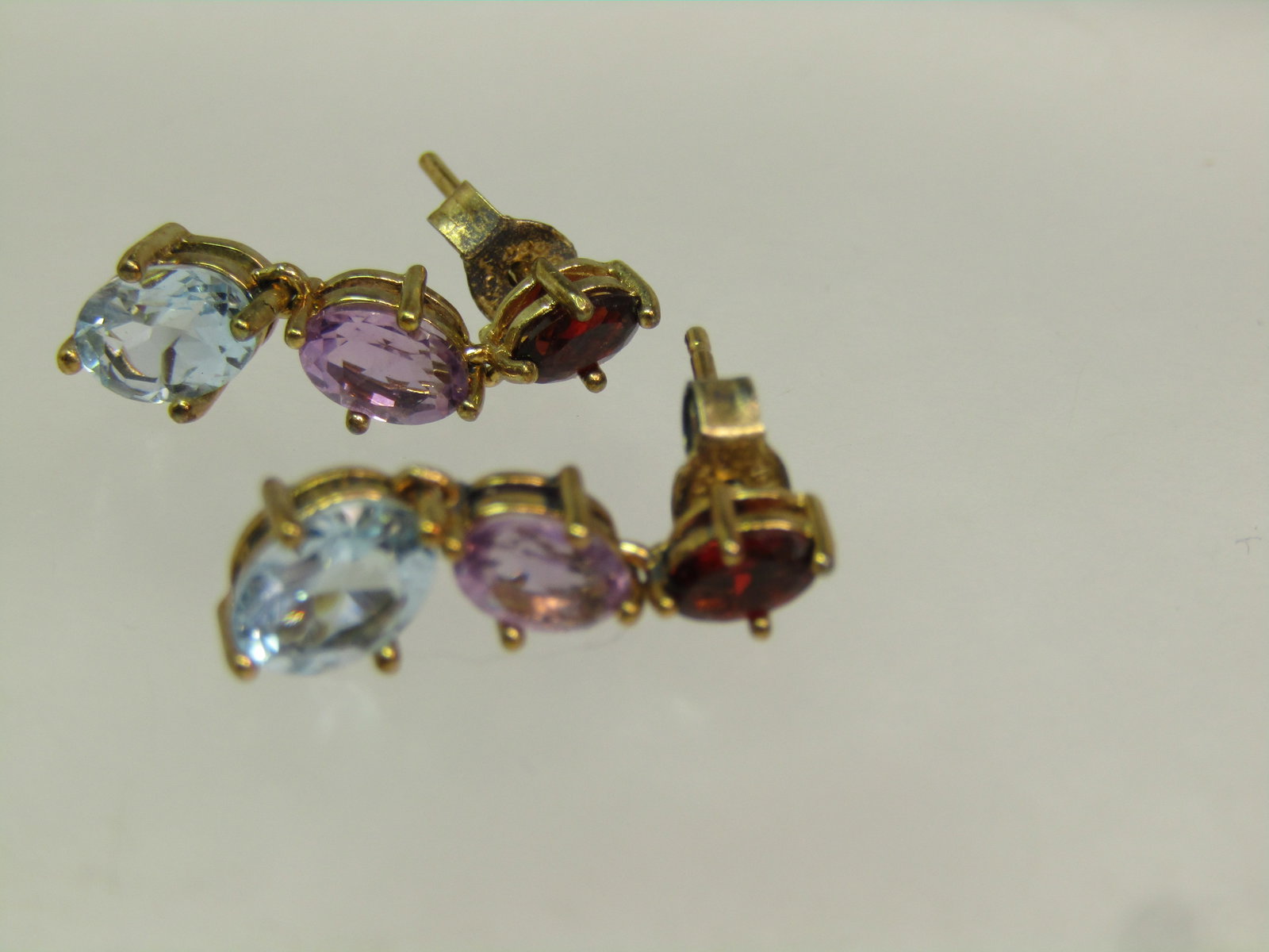 Vintage Sterling Gold Plated Gemstone Earrings, Blue Topaz, Amethyst, Garnet, 1980's-1990's. - 4