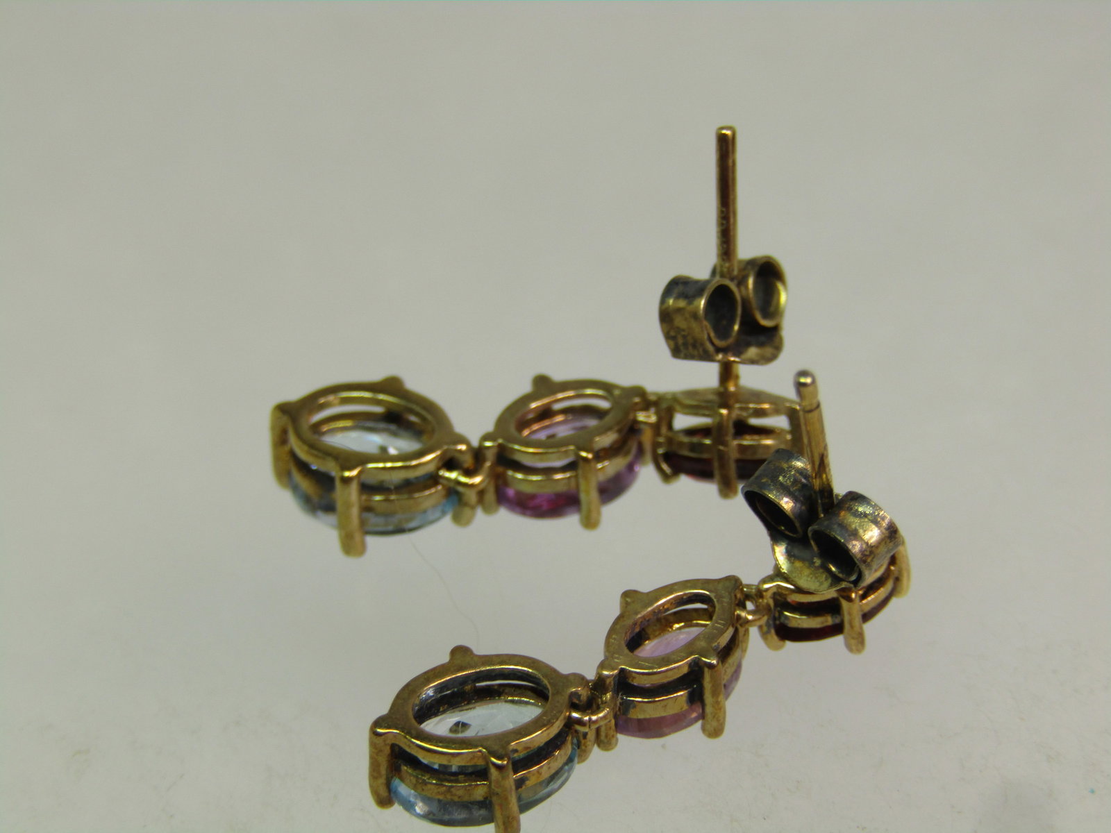 Vintage Sterling Gold Plated Gemstone Earrings, Blue Topaz, Amethyst, Garnet, 1980's-1990's. - 5