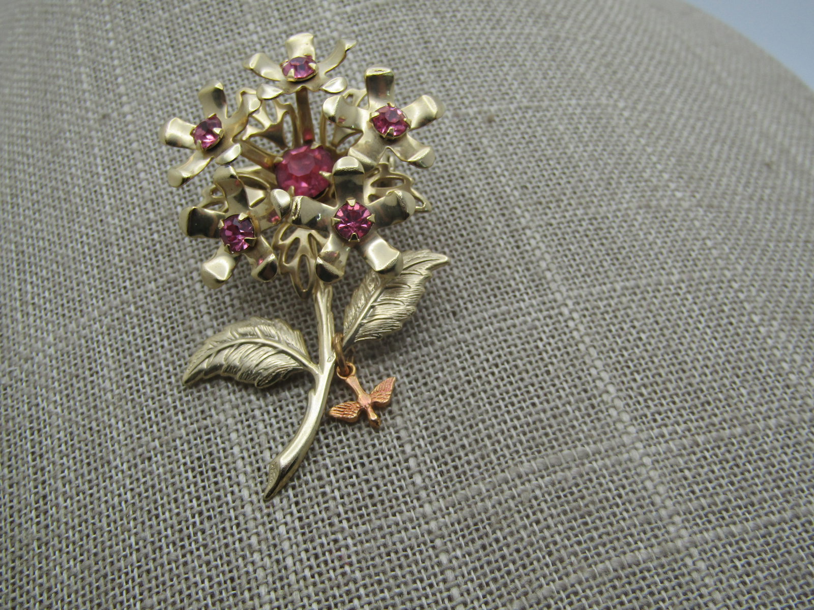 Vintage Pink Rhinestone Floral Stem Brooch with Dove Charm, 1960's 2-1/3" - 2