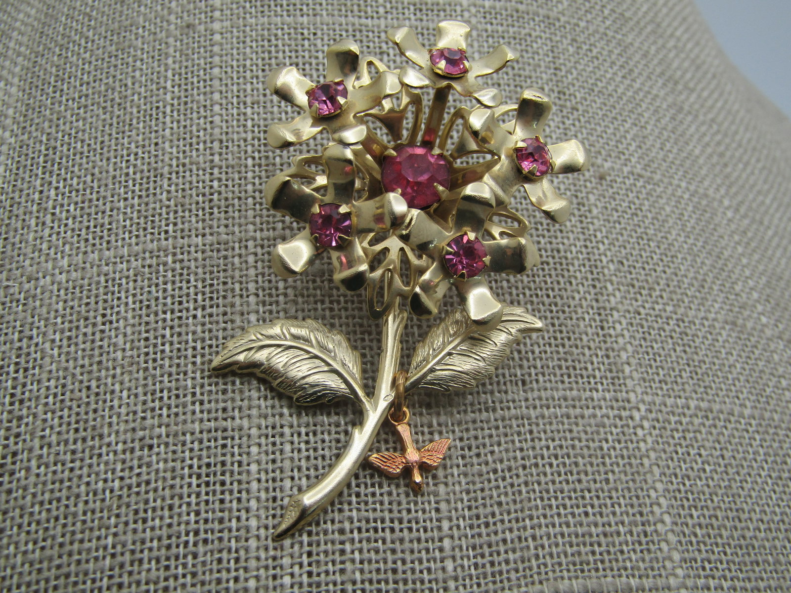 Vintage Pink Rhinestone Floral Stem Brooch with Dove Charm, 1960's 2-1/3" - 3
