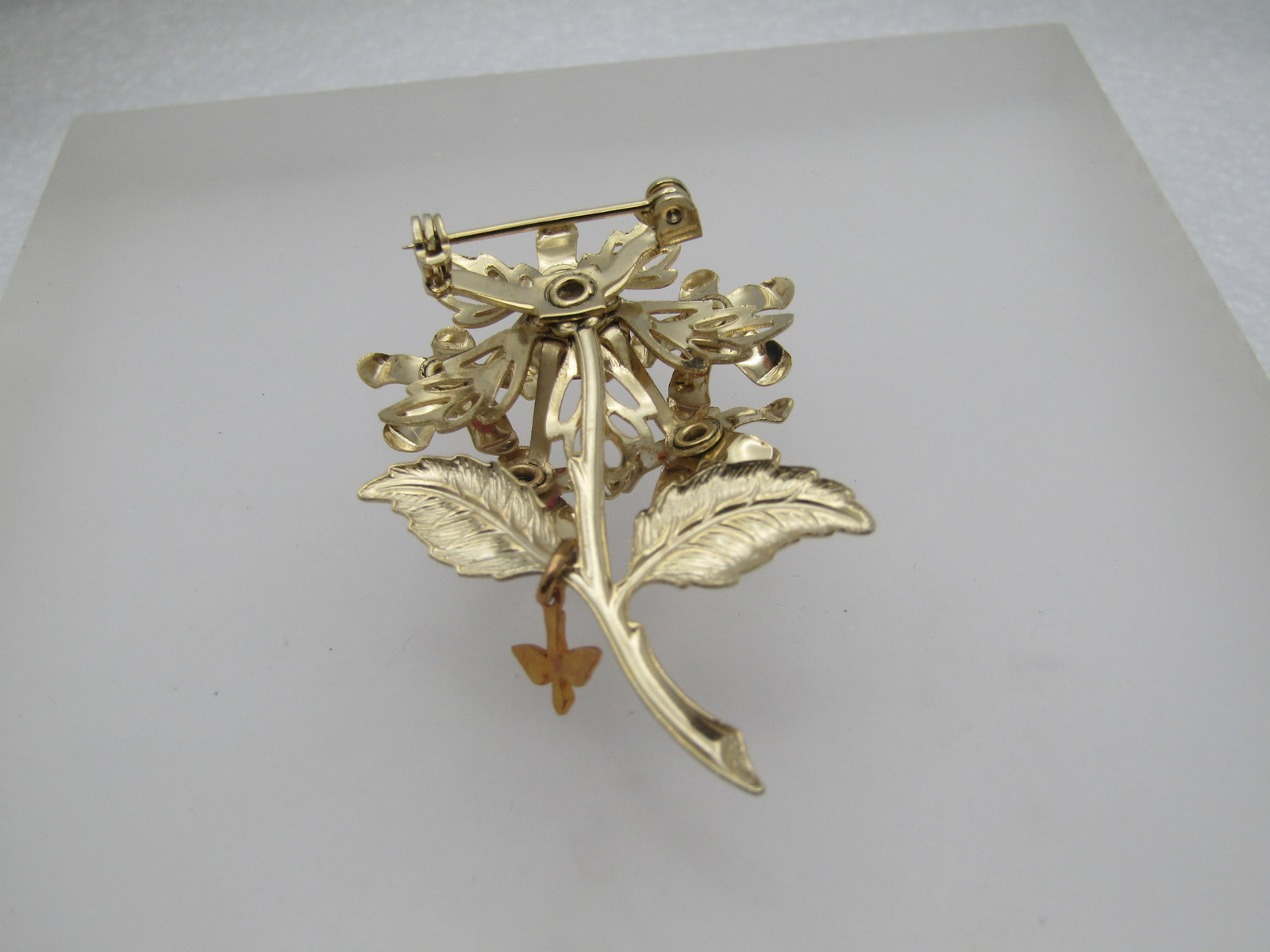 Vintage Pink Rhinestone Floral Stem Brooch with Dove Charm, 1960's 2-1/3" - 4