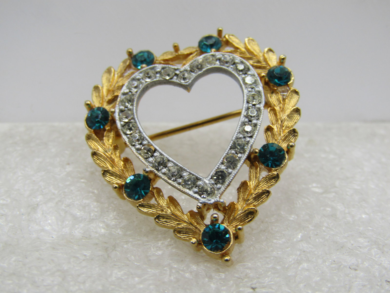 Vintage JJ Rhinestone Heart Brooch, Two-Tone, 1960's-1970's, 1.25" - 2