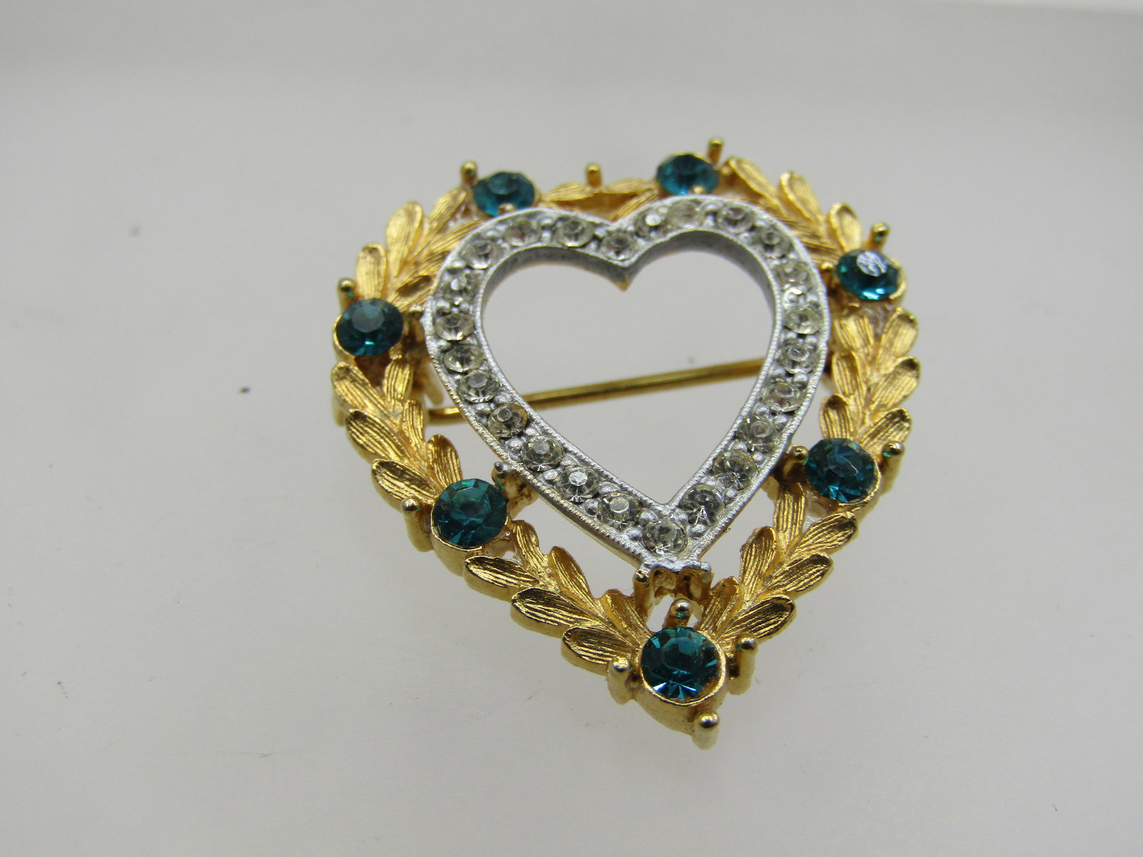 Vintage JJ Rhinestone Heart Brooch, Two-Tone, 1960's-1970's, 1.25" - 4