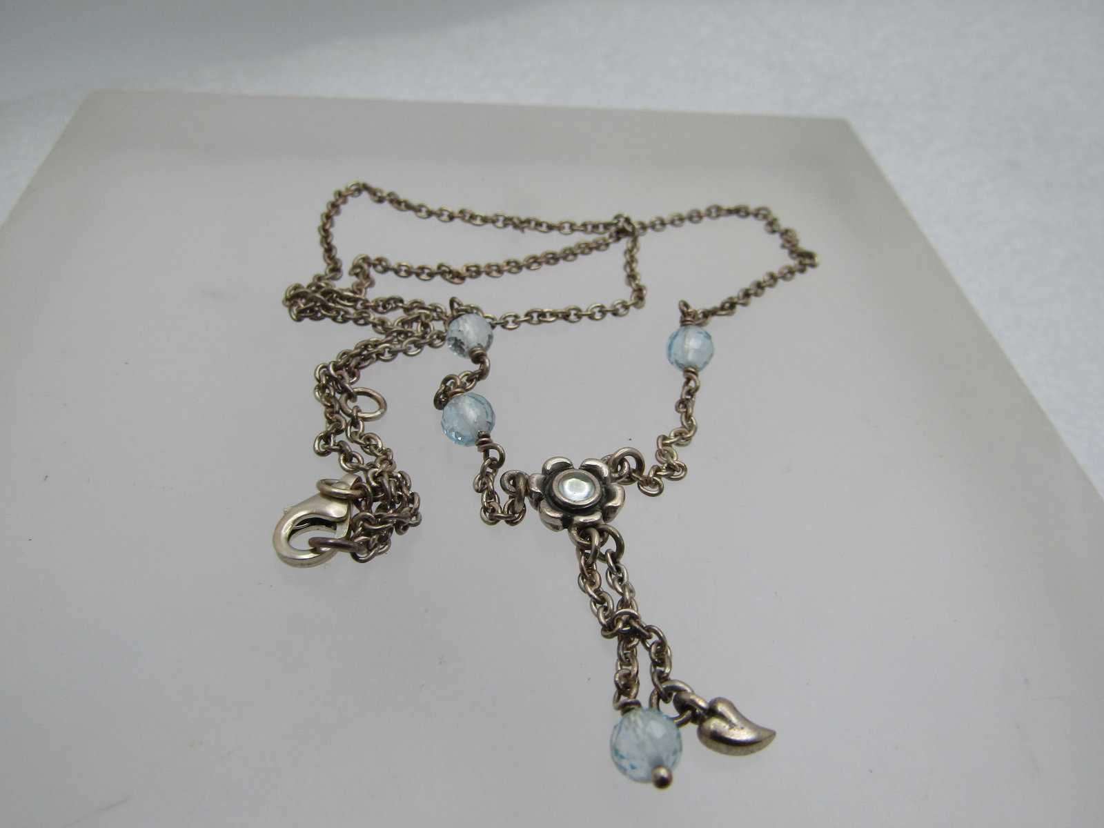 Vintage Sterling Blue Topaz Necklace, Floral Lavalier, 17.5", Signed ALE (Pandora) 1980's-1990's - 4