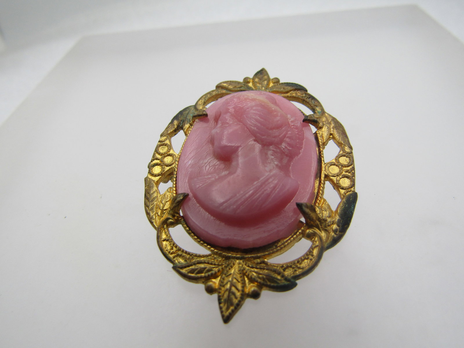 Vintage Pink Glass Cameo Brooch, C-Clasp, 1920's-1930's (1 of 5)