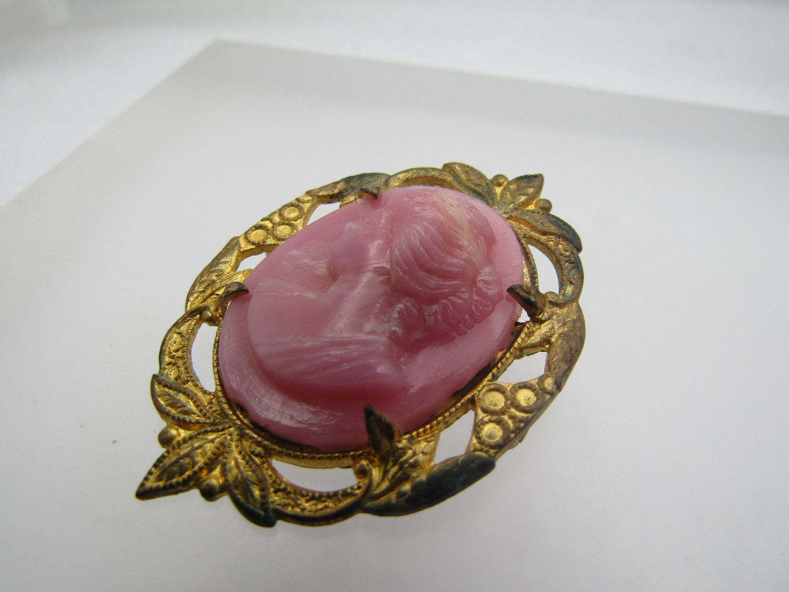Vintage Pink Glass Cameo Brooch, C-Clasp, 1920's-1930's - 2