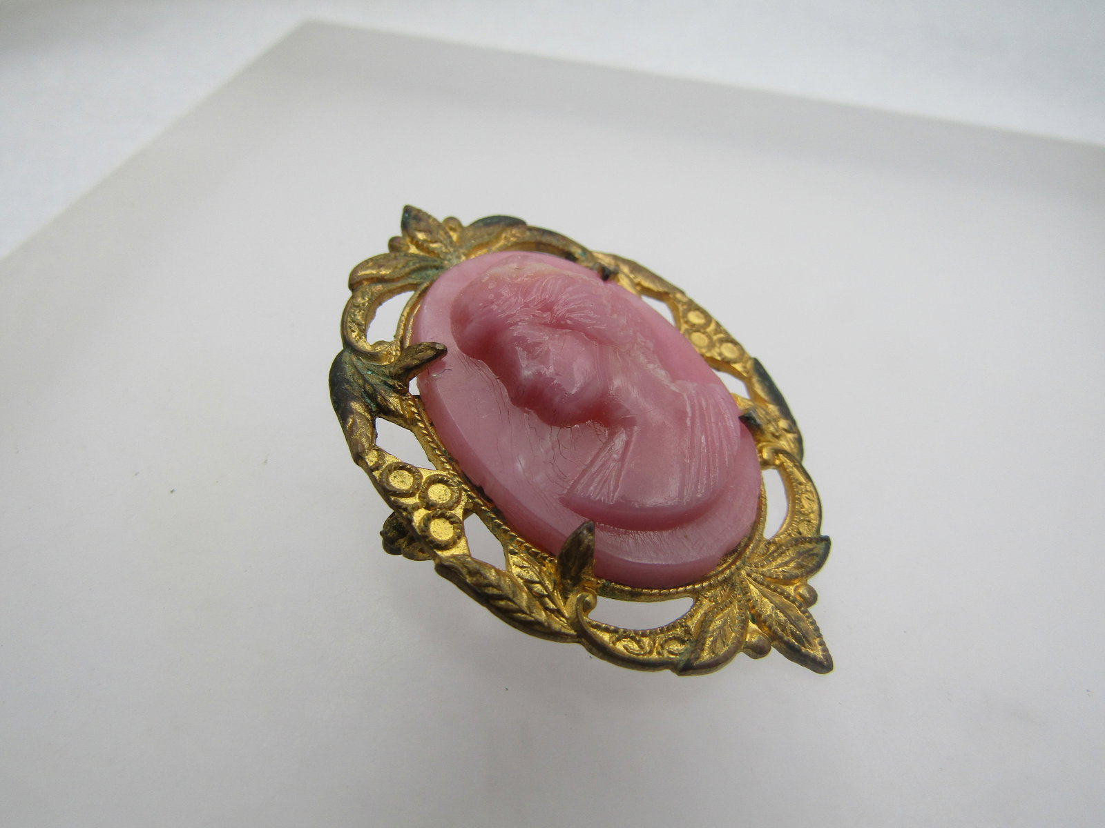Vintage Pink Glass Cameo Brooch, C-Clasp, 1920's-1930's - 3