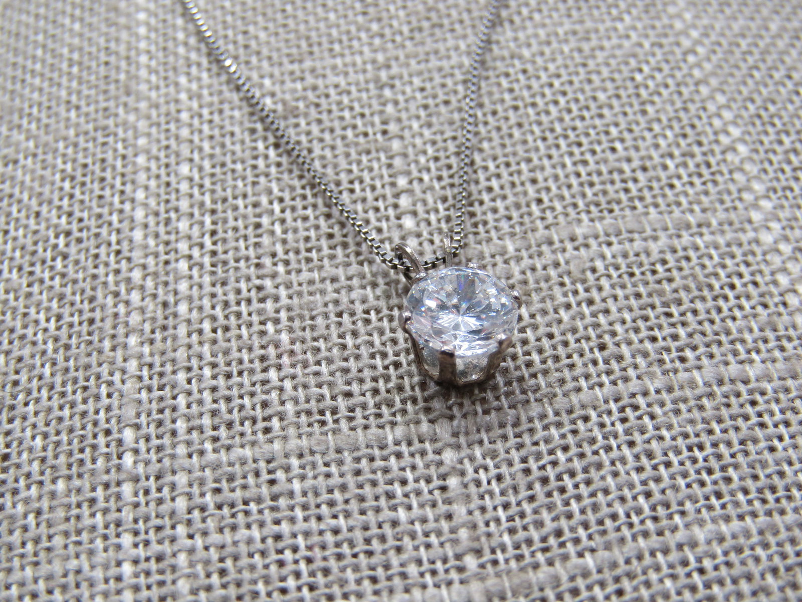 Vintage Sterling CZ Solitaire Necklace, 18" Sigined OTC - 2