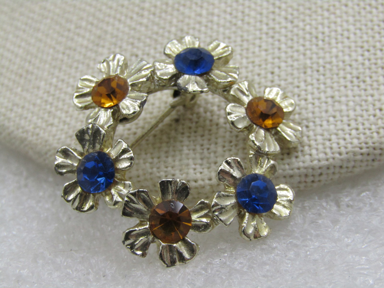 Vintage Blue & Yellow Rhinestone Floral Circle Brooch, 1960's (1 of 5)