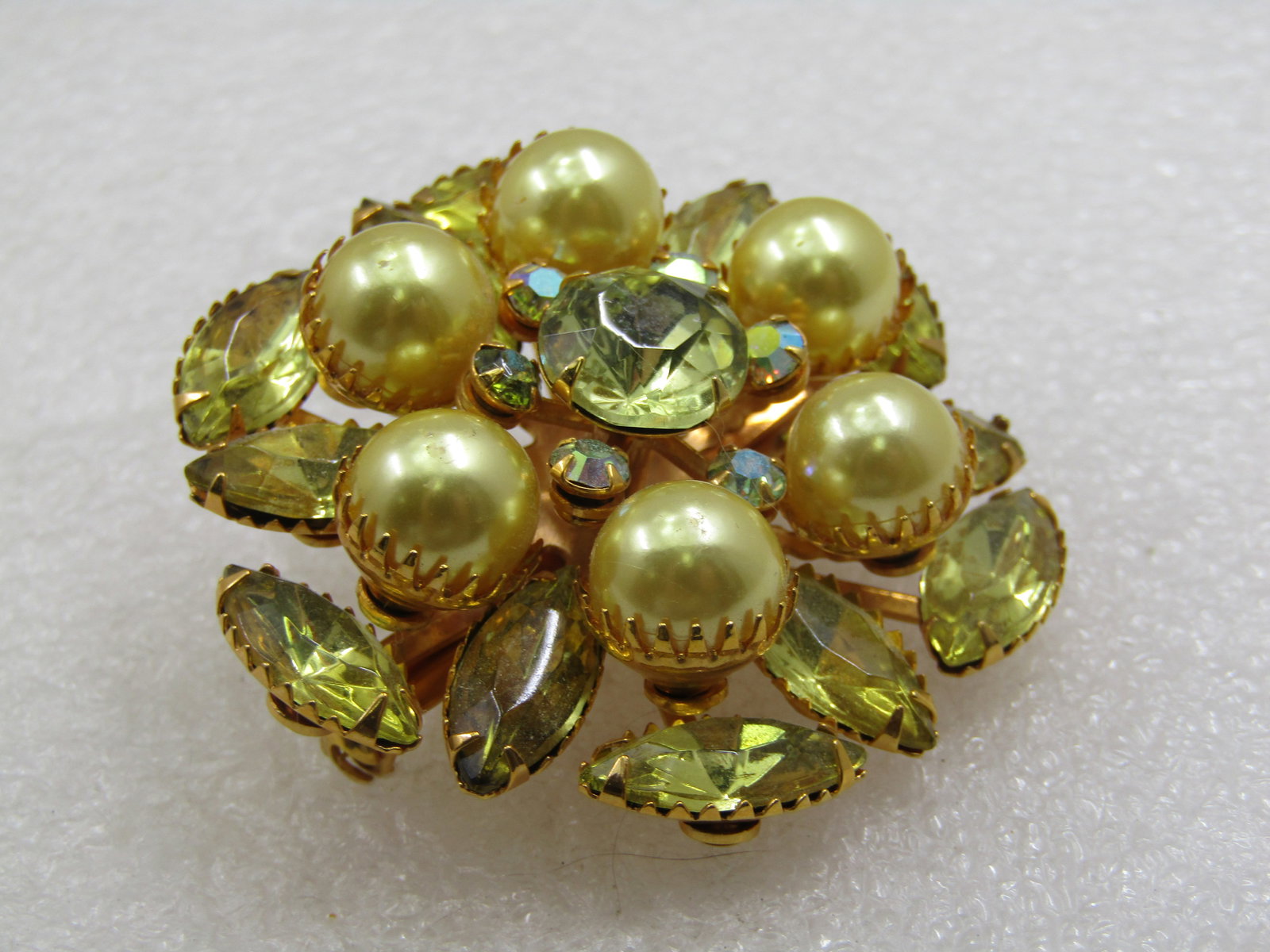 Vintage Yellow & Green Faux Pearl & Rhinestone Statement Brooch - 4