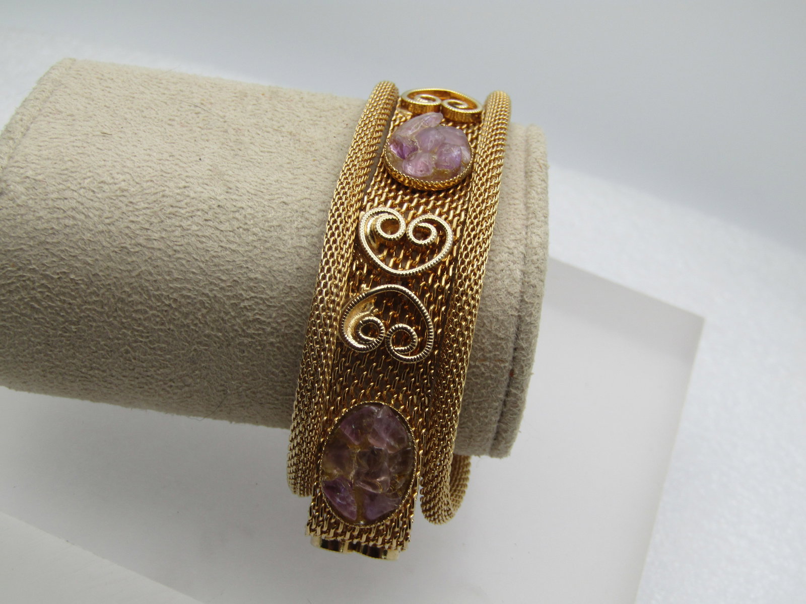 Vintage Purple Quartz Mesh Bracelet, 7", Triple Strand, 1960's-1970's - 2