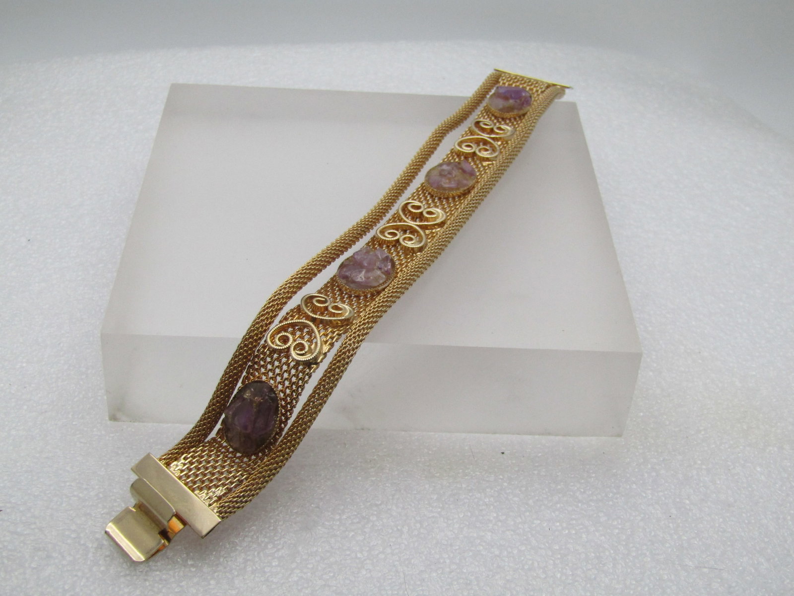 Vintage Purple Quartz Mesh Bracelet, 7", Triple Strand, 1960's-1970's - 3
