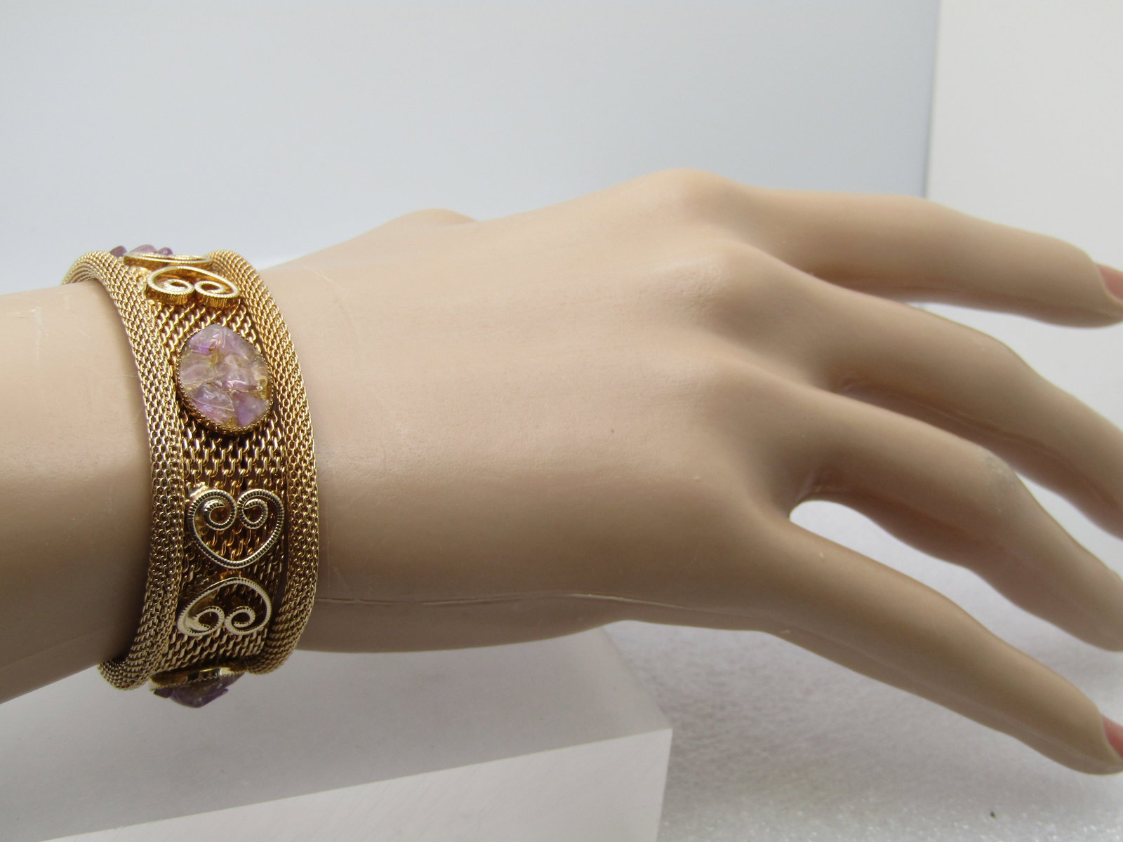 Vintage Purple Quartz Mesh Bracelet, 7", Triple Strand, 1960's-1970's - 6