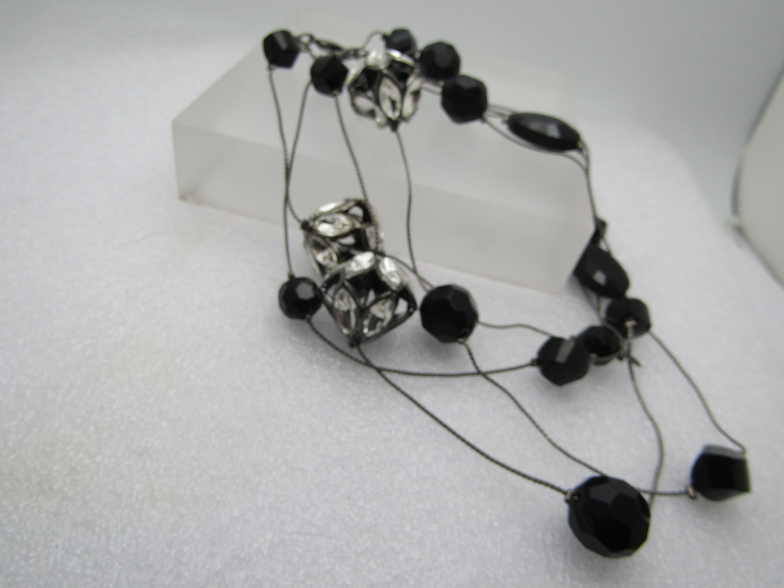 Vintage Black Beaded & Clear Rhinestone Beaded Necklace, 58" - 3