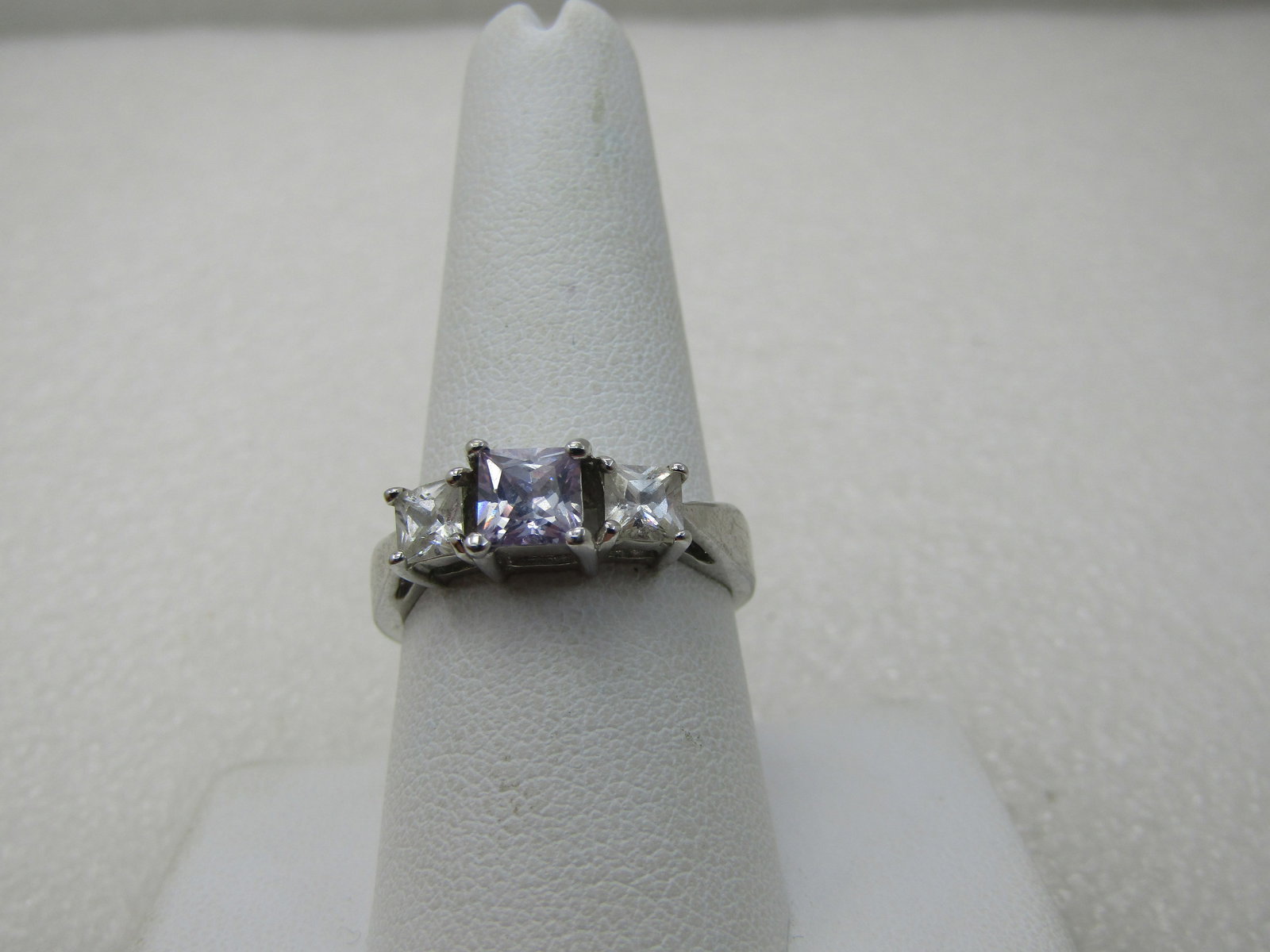 Purple & Clear CZ Ring, Sz. 9, Square Tiered, Rhodium/Silver Plated - 2