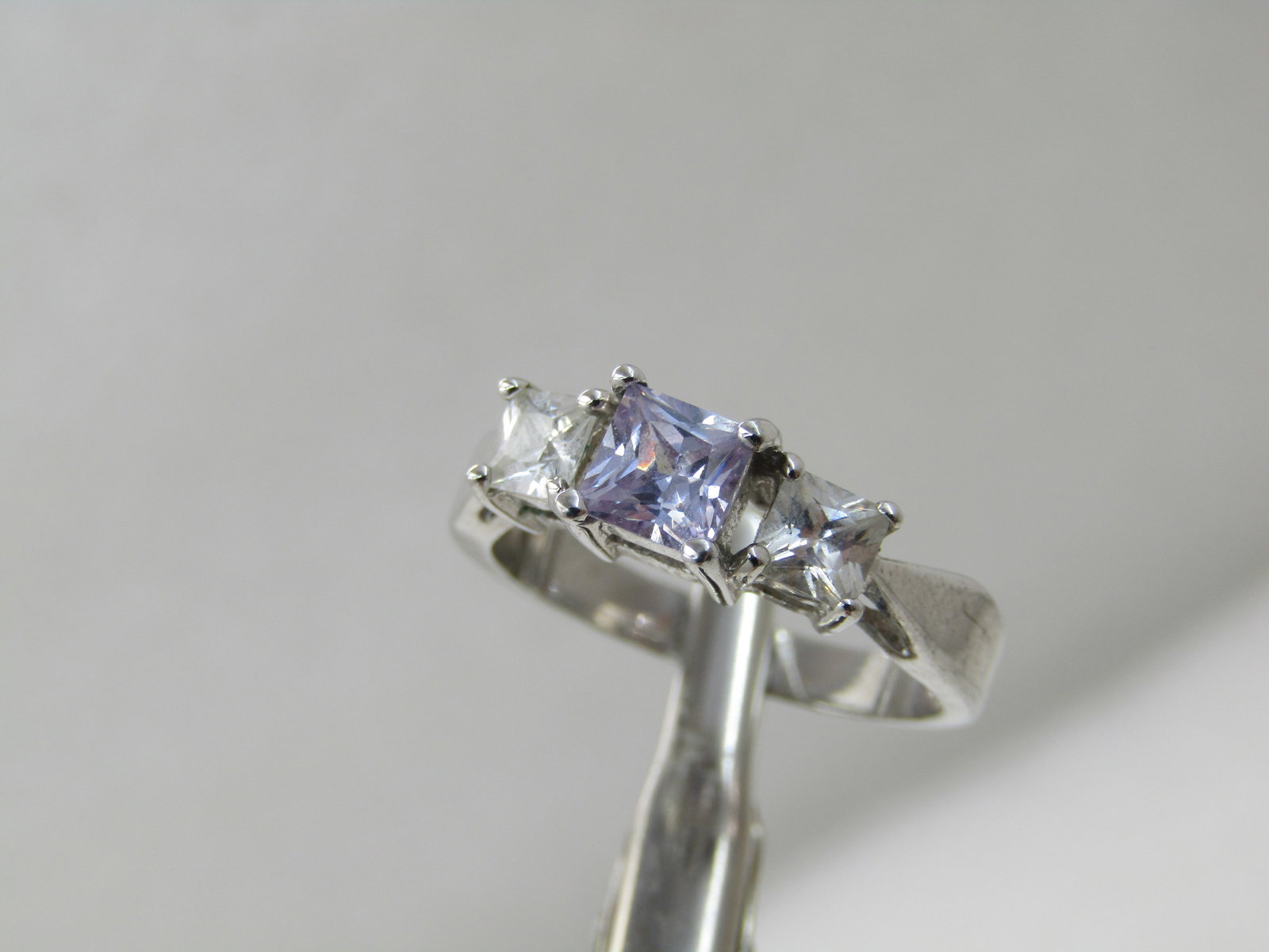 Purple & Clear CZ Ring, Sz. 9, Square Tiered, Rhodium/Silver Plated - 4
