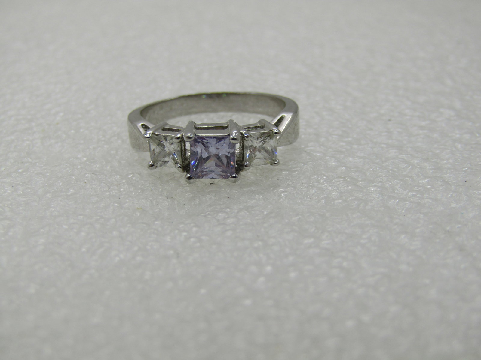 Purple & Clear CZ Ring, Sz. 9, Square Tiered, Rhodium/Silver Plated - 5