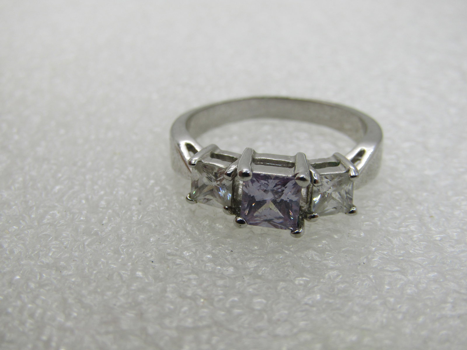 Purple & Clear CZ Ring, Sz. 9, Square Tiered, Rhodium/Silver Plated - 8